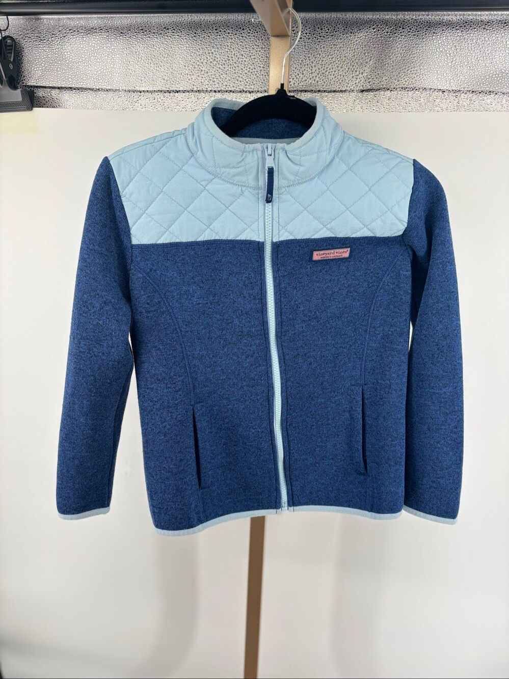 Vineyard Vines Quilted Hybrid Jacket Kids M Navy Light Blue Colorblock